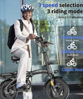 Person smiling on Folding Electric Bike For Adults And Teens, 750W Peak Motor, Up To 23 MPH Top Speed, 14 Inch Foldable Ebike