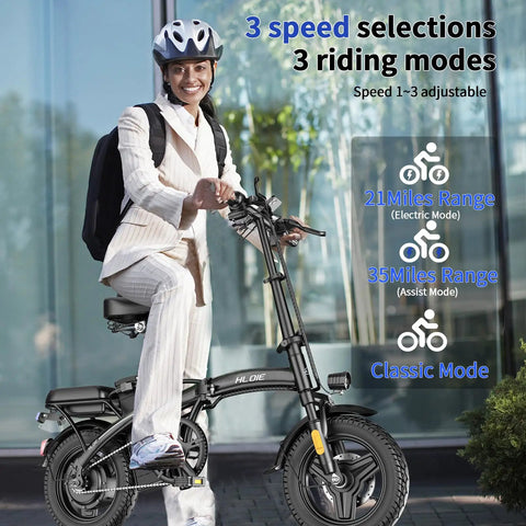 Person smiling on Folding Electric Bike For Adults And Teens, 750W Peak Motor, Up To 23 MPH Top Speed, 14 Inch Foldable Ebike