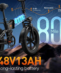 Folding Fat Tire Electric Bike for Adults With 1500W Peak Motor, showcasing 48V 13Ah battery and 80 mile range.