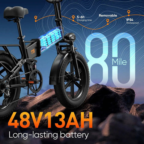 Folding Fat Tire Electric Bike for Adults With 1500W Peak Motor, showcasing 48V 13Ah battery and 80 mile range.