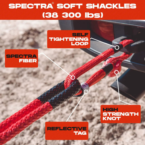 Spectra Fiber Soft Shackle Recovery 7/16 By 6 Inch, 38,300 Lbs MBS with self-tightening loop connected to vehicle hitch.