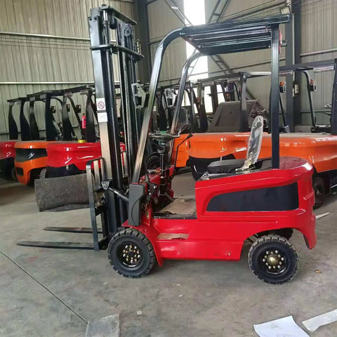 Industrial Grade Custom Heavy Duty Electric Forklift With Hydraulic Sealed Lift Cylinder Crushing Construction Site Materials And Workshop Cargo Moving Workhorse, side view in a warehouse.