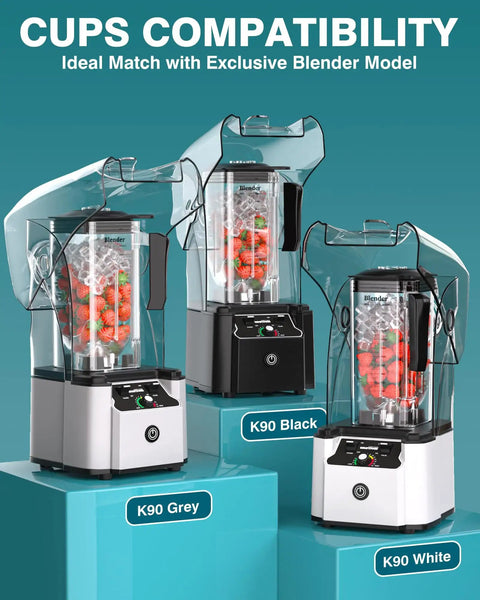 K90 Replacement Pitcher Cup for WantJoin Blender Shield Enclosure, 2200ml Capacity, displayed in three color variants.