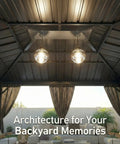 Interior view of 10x12 Hardtop Gazebo With Flame Retardant Curtain Netting Heavy Duty Pavilion, interior lights, and seating.