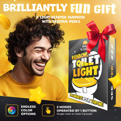 Toilet Bowl Night Light With Motion Sensor And Multicolor LED in gift box with a smiling man, perfect gag gift.