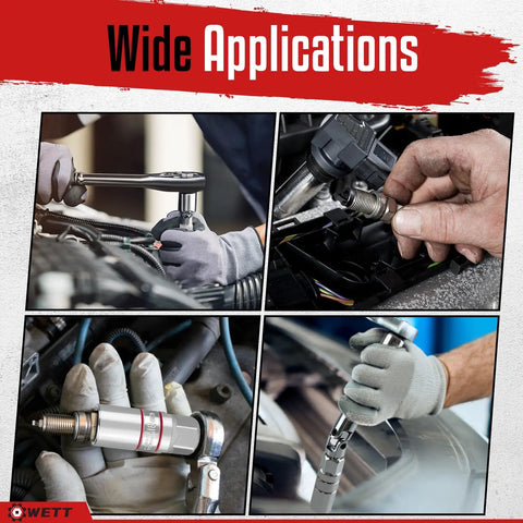 Mechanic using Twelve Piece Spark Plug Socket Set With Three Eighths Inch Drive Ratchet Handle Mirror Polished Sockets