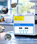 No Sweat Industrial Grade Heated Ultrasonic Cleaner System With Digital Touch Timer And Gentle Warm Vibration For Jewelry Carburetors And Auto Repair Gear 32 Liter Tank displayed with various cleaned items like watch, glasses, and brushes.