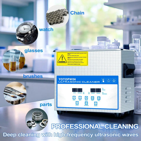 No Sweat Industrial Grade Heated Ultrasonic Cleaner System With Digital Touch Timer And Gentle Warm Vibration For Jewelry Carburetors And Auto Repair Gear 32 Liter Tank displayed with various cleaned items like watch, glasses, and brushes.