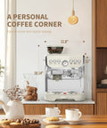 Retro White Espresso Machine With Built In Grinder And Steam Wand Featuring Pre Infusion For A Smooth Daily Grind, Compact Home Coffee Maker at kitchen counter.
