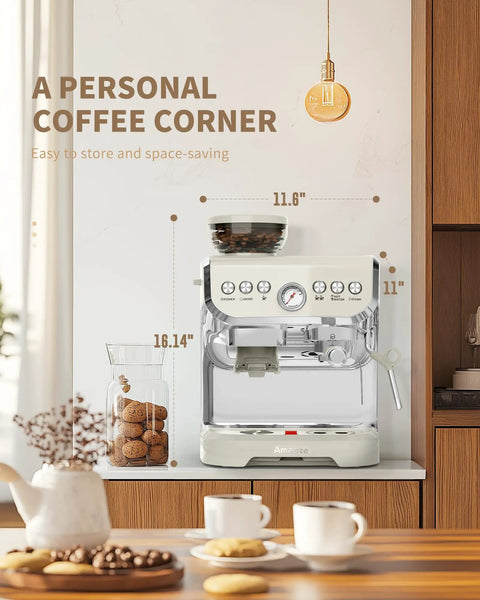 Retro White Espresso Machine With Built In Grinder And Steam Wand Featuring Pre Infusion For A Smooth Daily Grind, Compact Home Coffee Maker at kitchen counter.