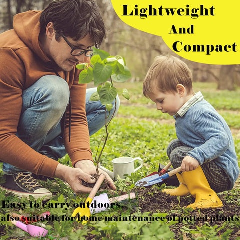 Child using Six Piece Kids Garden Tools Set With Shovel, Rake, Trowel, Scoop, Spoon And Fork - Lightweight, Brightly Colored Beach Sandbox Toys