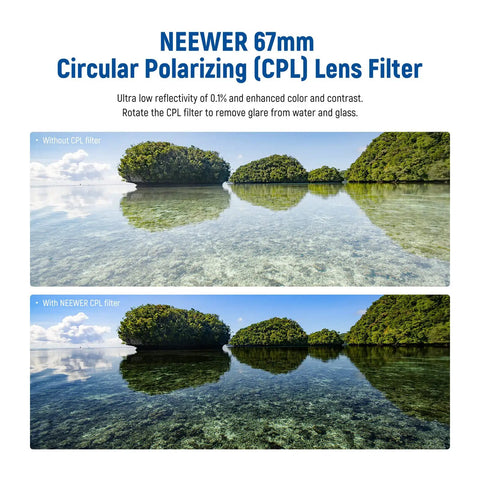 Before and after using 67mm Circular Polarizing Filter With 30 Layer Nano Coatings, improved sky and water reflections, HD clarity