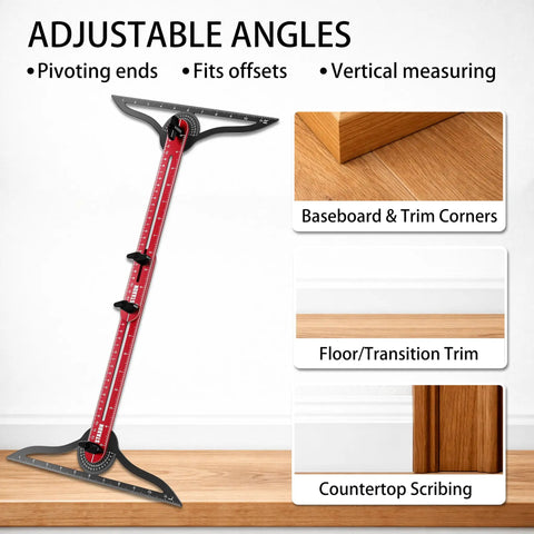 No Sweat Stair Tread Gauge Tool That Hits Marks Dead On With Extendable Folding Ruler And Hidden Screw Rail Guide For Fast Woodworking Layouts And Diy Step Projects, showing adjustable angles for precision measuring.