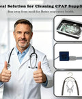 Doctor with All In One CPAP Cleaning Kit With Hose Dryer For Universal 22mm Tubing, wash basin, and accessories.