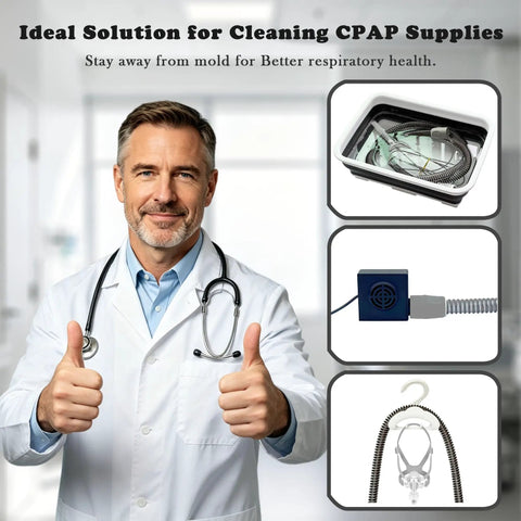 Doctor with All In One CPAP Cleaning Kit With Hose Dryer For Universal 22mm Tubing, wash basin, and accessories.