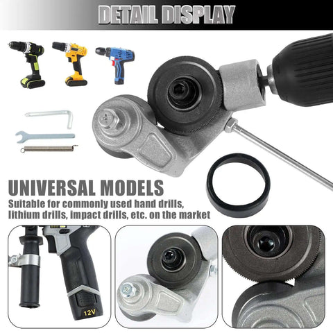 Electric Drill Plate Cutter Shear Pro Attachment For Sheet Metal Cutting shown with included tools and compatible drill models