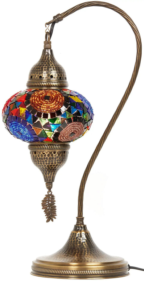 Handmade Tiffany Style Dope Colorful Mosaic Table Lamp With Swan Neck Glass Globe Metal Leaf Accent Antique Brass Hammered Finish