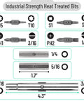 11-In-1 Screwdriver And Nut Driver Multi Tool bits layout with star, Phillips, flat heads and dimensions for electricians and DIY pros.