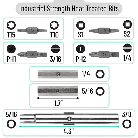 11-In-1 Screwdriver And Nut Driver Multi Tool bits layout with star, Phillips, flat heads and dimensions for electricians and DIY pros.