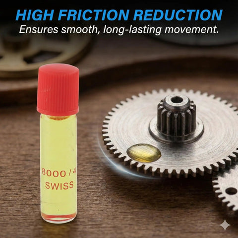 Pro Grade Watch Movement Oil Lubricant 2ml vial beside metal gear, highlighting high friction reduction and smooth action.