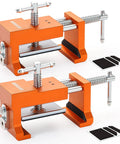 Rock Solid Face Frame Cabinet Clamps Featuring Integrated Drill Guide For Dead Center Pilot Holes And No Sweat Screw Driving Dependable Two Pack Woodworking Kit, orange cast steel clamps with aluminum plates.