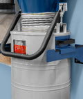 Rockler Dust Right Wall Mount Drum Brackets For 20 Gallon HEPA Cyclone Dust Collector attached to wall with flexible hose.