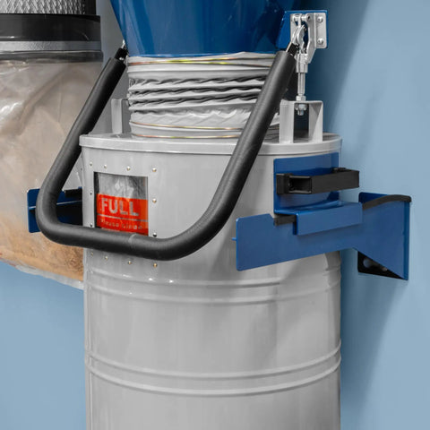 Rockler Dust Right Wall Mount Drum Brackets For 20 Gallon HEPA Cyclone Dust Collector attached to wall with flexible hose.
