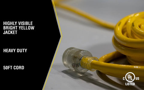 Heavy Duty 50 Foot Outdoor Extension Cord With Lighted End For Safety Waterproof SJTW 10 3 High Visibility Yellow Jacket detail.