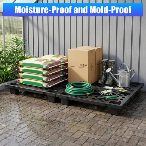 Eight Pack Plastic Pallets For Storage With Ventilated Raised Grid Surface, holding garden supplies on wet patio