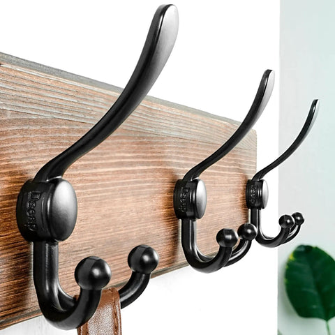 Wall Mounted Coat Rack With Five Tri Hooks, Heavy Duty Wooden Coat Hanger For Clothes Hats And Jackets, Rustic Burnt Pine Finish