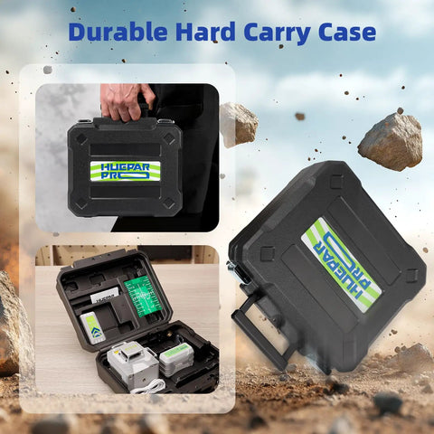 Durable hard carry case for Rock Solid 360 Self Leveling Green Laser Level, showcasing internal compartments and rugged design.