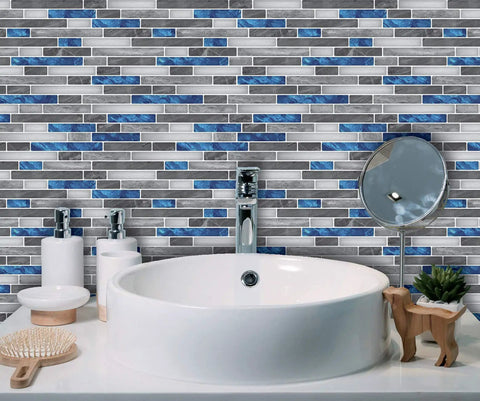 Bathroom scene with Peel and Stick Marble Backsplash Tile Set for Kitchen and Bathroom 12x12 Inch Vinyl Decorative Tiles 10 Piece Self Adhesive Wall Tile Kit