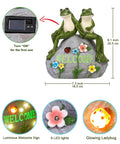 Solar Frog Garden Statue With Realistic Succulent And 7 LED Lights, Outdoor Lawn Decor For Patio Balcony Yard, Totally The Go To Gift For Mom Grandma Wife Sister, Automatic Solar Powered Glow For Evening Charm featuring frogs on a rock with flowers and ladybug, size and switch details shown.