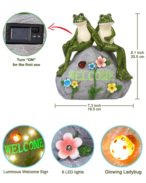 Solar Frog Garden Statue With Realistic Succulent And 7 LED Lights, Outdoor Lawn Decor For Patio Balcony Yard, Totally The Go To Gift For Mom Grandma Wife Sister, Automatic Solar Powered Glow For Evening Charm featuring frogs on a rock with flowers and ladybug, size and switch details shown.