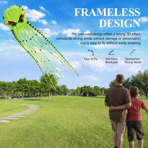 Totally Ultra Large 26ft 3D Octopus Foil Kite With 1000D String flying in park, frameless design, family watching