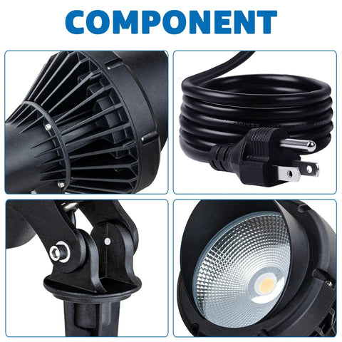 Components of 40W LED Outdoor Spotlight Plug In 120V 4000LM Warm White 3000K highlighting design and cord