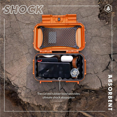 Open EDC 56 Dry Box Go-To Tough Protective Case Made in USA for Organizing Cameras, Phones, Gear on Camping, Fishing, Hiking, and Water Sports Adventures, Orange TOPO Finish with gear inside on wood.