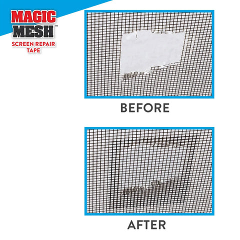 Before and after fixing a screen with Heavy Duty Screen Repair Tape With Ultra Strong Adhesive For Windows Doors And RVs Quick Patch