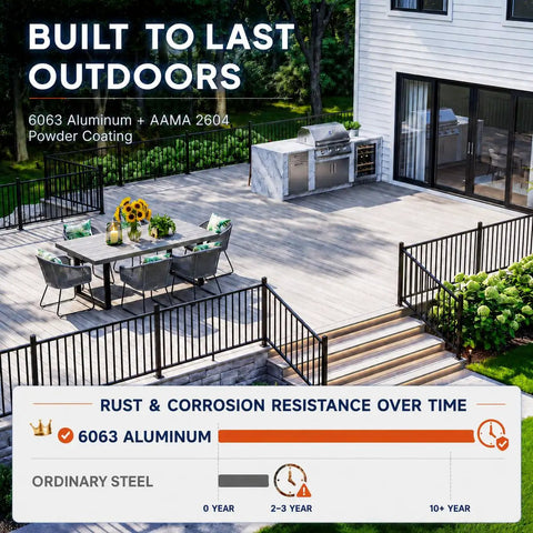 Built Tough 36 Inch Height By 12 Foot Width Modular Aluminum Porch And Deck Railing Kit With Rust Free Coating and Easy Install For Backyard Deck Upgrades with outdoor seating.