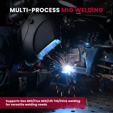 Person using All In One 165A MIG Welder For 110V 220V 4 In 1 Gas Or Flux Core MIG Lift TIG And Stick Weld Modes on metal object