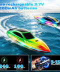 Two Pack RC Boat Set For Pools And Lakes with RGB lights racing in water, showcasing two speed modes and futuristic design