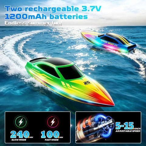 Two Pack RC Boat Set For Pools And Lakes with RGB lights racing in water, showcasing two speed modes and futuristic design