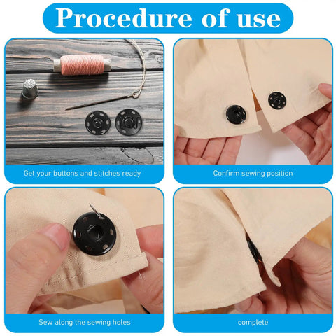 Image showing the procedure for using 21Mm Large Press Stud Snaps for Clothing Sew On Heavy Duty Metal Snap Fasteners.
