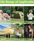 Image showing applications for stainless steel quick links: dog leash, camping tent, swing, sunsail, hammock, and gym equipment.