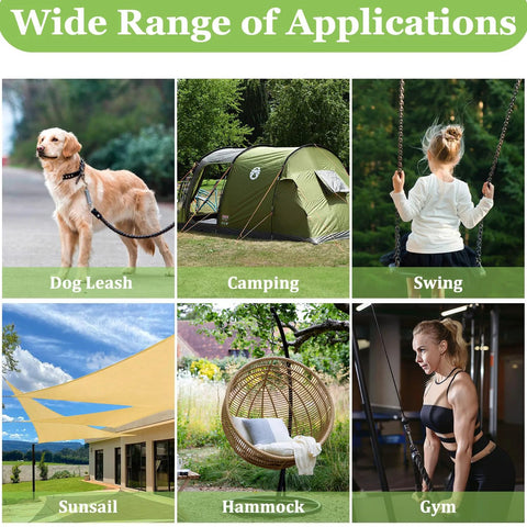 Image showing applications for stainless steel quick links: dog leash, camping tent, swing, sunsail, hammock, and gym equipment.