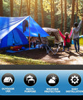 Blue Waterproof Tarp 20x30 5 Mil Heavy Duty Poly Tarpaulin used as a camping tent shelter in wooded outdoor setting