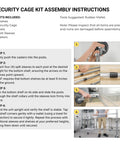 Assembly instructions for Heavy Duty Chrome Wire Mesh Rolling Security Cage, showing caster attachment and post setup.