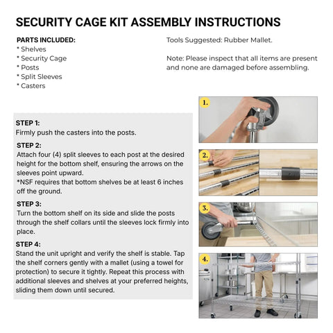 Assembly instructions for Heavy Duty Chrome Wire Mesh Rolling Security Cage, showing caster attachment and post setup.