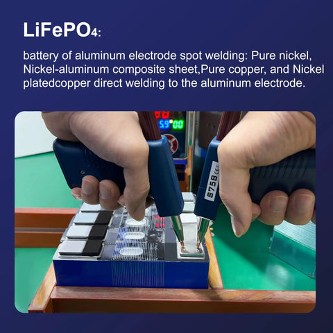 Beast Power Battery Spot Welder And Milliohm Meter for LiFePO4 Packs demonstrating welding on nickel and copper prismatic cells.