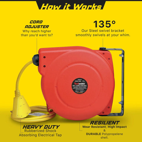Retractable Extension Cord Reel With Wall Mount Kit, 14 AWG 40 Foot 3 Conductor SJT Power Cable 125VAC 1875W, Triple Tap